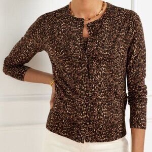 Talbots delicate leopard print crew neck cardigan 100%  pure merino wool size M